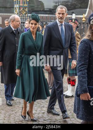 London, UK. 29 March, 2022.  King Felipe of Spain and Queen Letizia of Spain attend a memorial service for Prince Philip, Duke of Edinburgh at Westmin