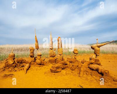 Chemical precipitation geoforms in the mining reservoir of Gossan at Riotinto, Huelva Stock Photo