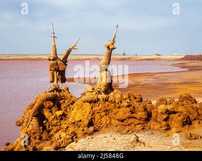 Chemical precipitation geoforms in the mining reservoir of Gossan at Riotinto, Huelva Stock Photo