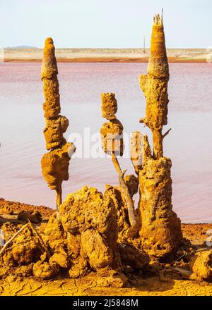 Chemical precipitation geoforms in the mining reservoir of Gossan at Riotinto, Huelva Stock Photo