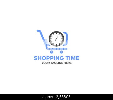 Time for shopping concept logo design. Shopping online concept, copy space, top view vector design and illustration, shop cart vector design. Stock Vector