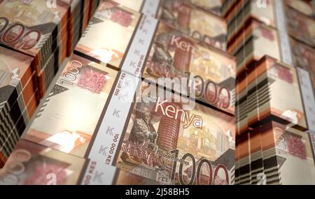 Kenyan Shilling money pack 3d illustration. KES banknote bundle stacks. Concept of finance, cash, economy crisis, business success, recession, bank, t Stock Photo