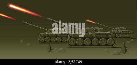 Digital 3d illustration of big military tanks shooting fire on green landscape Stock Vector