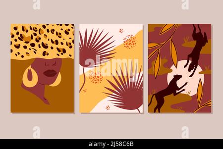 African boho art set, minimalist posters with portrait of woman, wild black panthers Stock Vector
