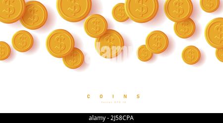 Dollar coins falling from the sky, digital 3d icons of different size creating texture on white background Stock Vector