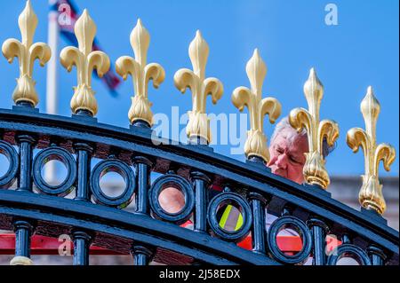 London, UK. 21st Apr, 2022. The gates of Buckingham Palace are painted on the 96th birthday of HM The Queen. Futher evidence of the developing celebrations for the Platinum Jubilee. Credit: Guy Bell/Alamy Live News Stock Photo