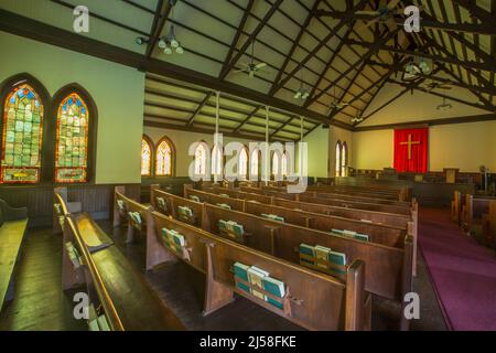 The interior of the historic Wai'oli Hui'ia Church in Hanalei, Kauai, Hawaii, built in 1912 to replace an earlier building and is the oldest church bu Stock Photo