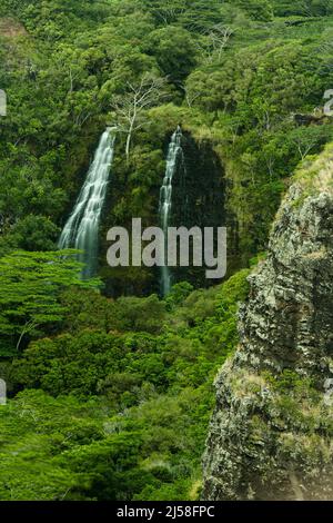 Opaekaa Falls in the Wailua River State Park on the island of Kauai in Hawaii, United States.  The falls cascade down 151 vertical feet over a volcani Stock Photo