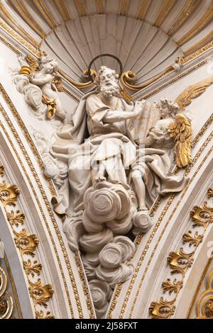 VALENCIA, SPAIN - FEBRUARY 14, 2022: The statue of St. Matthew the Evangelist fom the cupola of the Cathedral by Josep Pujol from 18. cent. Stock Photo