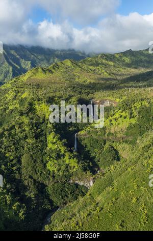 Kahili Falls, or the Five Sisters Waterfalls,  is a group of waterfalls on the Hanapepe River on the south side of the island of Kauai, Hawaii, United Stock Photo