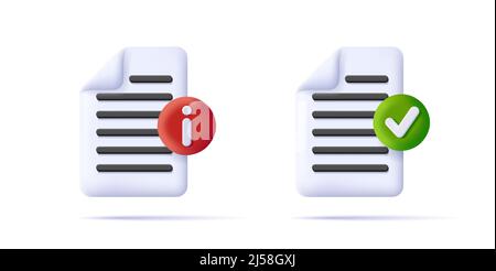 Set of 3d digital icons of a document or file with approved check mark and info message Stock Vector
