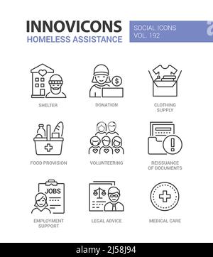 Homeless assistance and care - line design style icons set Stock Vector