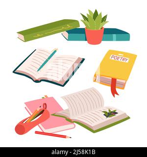 Open and closed books on bookshelf set, pile with storybook, textbook of poetry, notebook Stock Vector