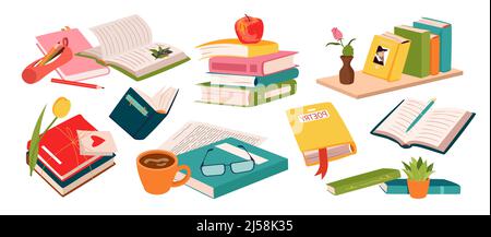 Pile and stack of books set from shelf of library, bookshop, open and closed textbooks Stock Vector