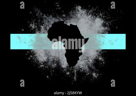 Black background sprinkled with flour, smeared flour, Africa map frame and rectangle paper for your text with copy space. Isolated on black. Stock Photo