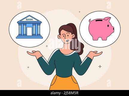 Woman choosing bank or piggy bank Stock Vector