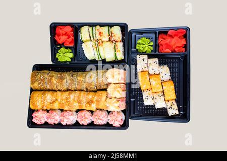 popular asian rolls lunch order to home online Stock Photo