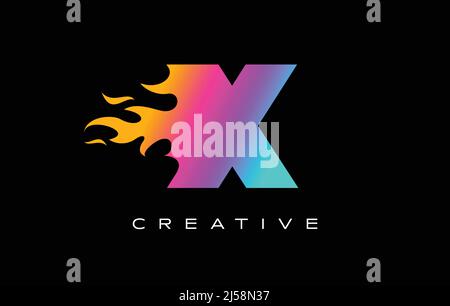 X Letter Flame Logo Design. Fire Logo Lettering Concept Vector in Rainbow Vibrant Colors Stock Vector