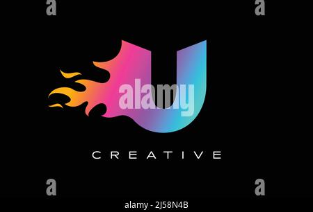 U Letter Flame Logo Design. Fire Logo Lettering Concept Vector in Rainbow Vibrant Colors Stock Vector