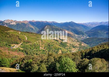 The view from Col d’Aspin in the French Pyrenees towards Arreau in the east Stock Photo