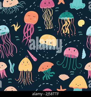 Vector seamless pattern with jellyfish, algae and shells in cartoon style. Stock Vector