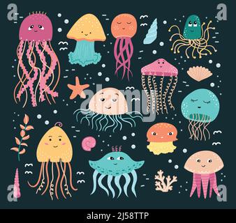 Vector set of illustrations of jellyfish and algae with shells in cartoon style. Stock Vector