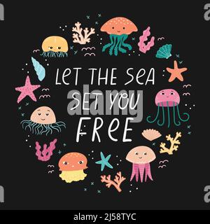 Vector illustration with jellyfishes in cartoon style and lettering. Stock Vector