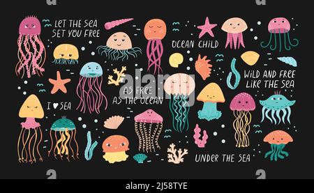 Vector set of illustrations of jellyfish and algae with shells in cartoon style. Stock Vector