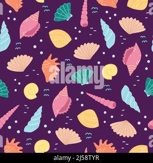 Vector seamless pattern with seashells in cartoon style. Stock Vector