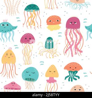 Vector seamless pattern with jellyfish in cartoon style. Stock Vector