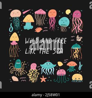 Vector illustration with jellyfishes in cartoon style and lettering. Stock Vector