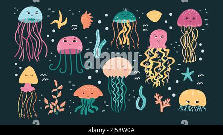 Vector set of illustrations of jellyfish and algae with shells in cartoon style. Stock Vector