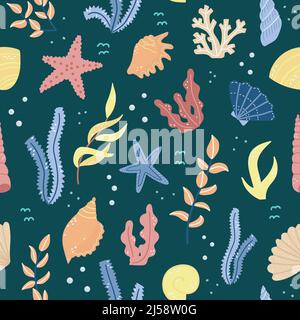 Vector seamless pattern with algae and shells in cartoon style. Stock Vector