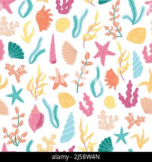 Vector seamless pattern with algae and shells in cartoon style. Stock Vector