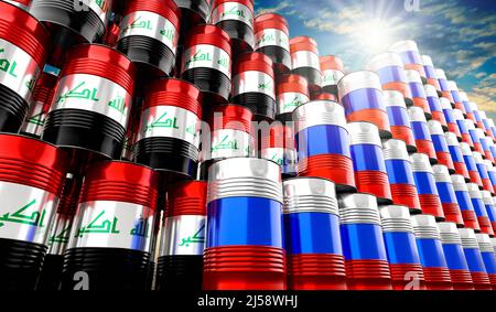 Oil barrels with flags of Russia and Iraq - 3D illustration Stock Photo