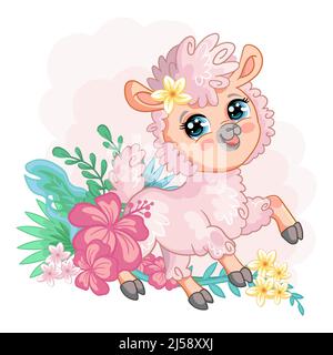 Funny smiling llama character with exotic plants and flowers. Cute alpaca in cartoon style. Vector isolated illustration. For card, poster,design, sti Stock Vector