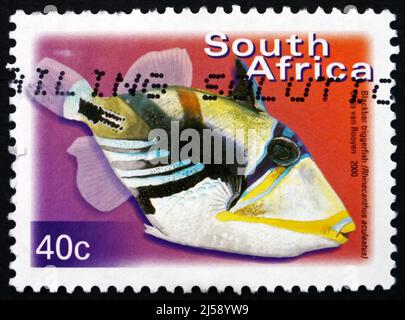 SOUTH AFRICA - CIRCA 2000: a stamp printed in South Africa shows Blackbar Triggerfish, Rhinecanthus Aculeatus, Marine Tropical Fish, circa 2000 Stock Photo