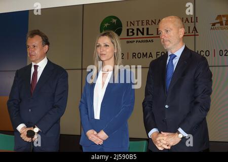 Rome, Italy. 20th Apr, 2022. At Stadio Olimpico of Rome, press conference for the 2022 edition of BNL Internazionali d'Italia of Tennis in Rome, Italy on April 20, 2022. In this picture: From left to right: The president of “Sport e Salute Spa” Vito Cozzoli, Valentina Vezzali and the president of Federazione Italiana Tennis Angelo Binaghi (Photo by Paolo Pizzi/Pacific Press/Sipa USA) Credit: Sipa USA/Alamy Live News Stock Photo