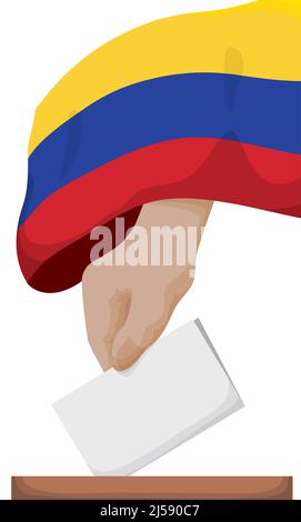 Colombian flag covering a hand while depositing vote, during the Colombian elections. Drawing in cartoon style over white background. Stock Vector
