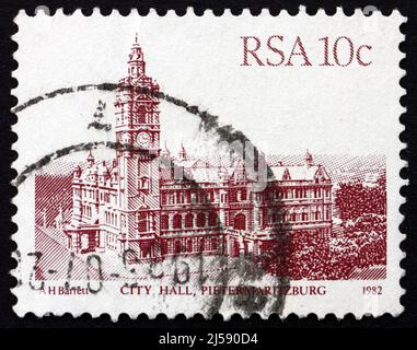 SOUTH AFRICA - CIRCA 1983: a stamp printed in South Africa shows City Hall, Pietermaritzburg, is the Largest red-brick Building in the Southern Hemisp Stock Photo