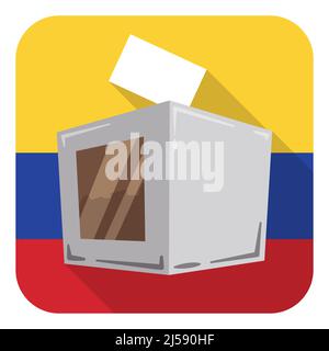 Patriotic square shaped pin with Colombia's tricolor flag, electoral urn and vote. Design in flat style and long shadow. Stock Vector
