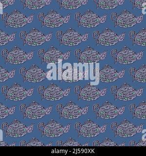 Seamless pattern with cute teapots. Background of doodle kettle decorative ceramic. Repeated design texture for printing, fabric, wrapping, wallpaper, Stock Vector
