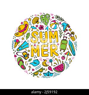Summer symbols doodle clipart. Round composition on vacation theme with lettering Stock Vector