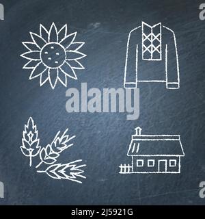 Ukraine traditional symbols icon set. Embroidered shirt, sunflower, wheat ears, mazanka. Vector illustration. Stock Vector