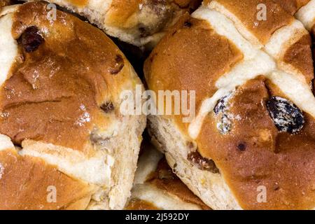 Closeup view of a pile of Easter hot cross buns Stock Photo