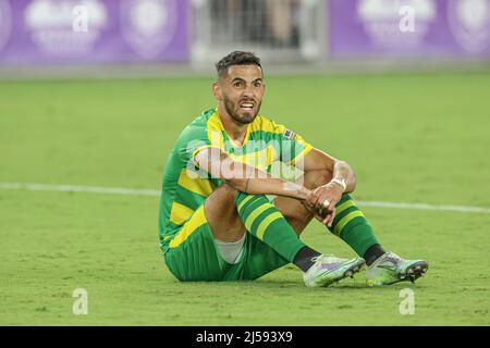 April 20, 2022: Tampa Bay Rowdies midfielder LEO FERNANDES (11) gets a  header during the Orlando City vs Tampa Bay Rowdies soccer match at  Exploria Stadium in Orlando, FL on April 12