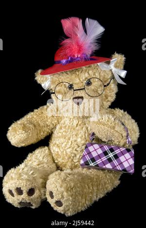 Brown teddy bear with red hat and plaid purse isolated on black Stock Photo