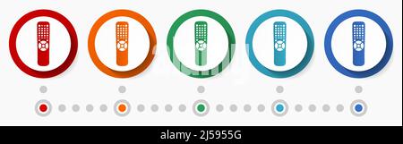 TV remote concept vector icon set, infographic template, flat design colorful web buttons in 5 color options Stock Vector