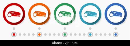 Robot mower concept vector icon set, infographic template, flat design colorful web buttons in 5 color options Stock Vector