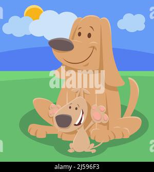 Cartoon illustration of dog animal character with cute puppy Stock Vector